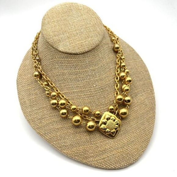 Vintage 80s Liz Claiborne Layered Beaded sunFlower pendant charm style Gold tone - Picture 1 of 5